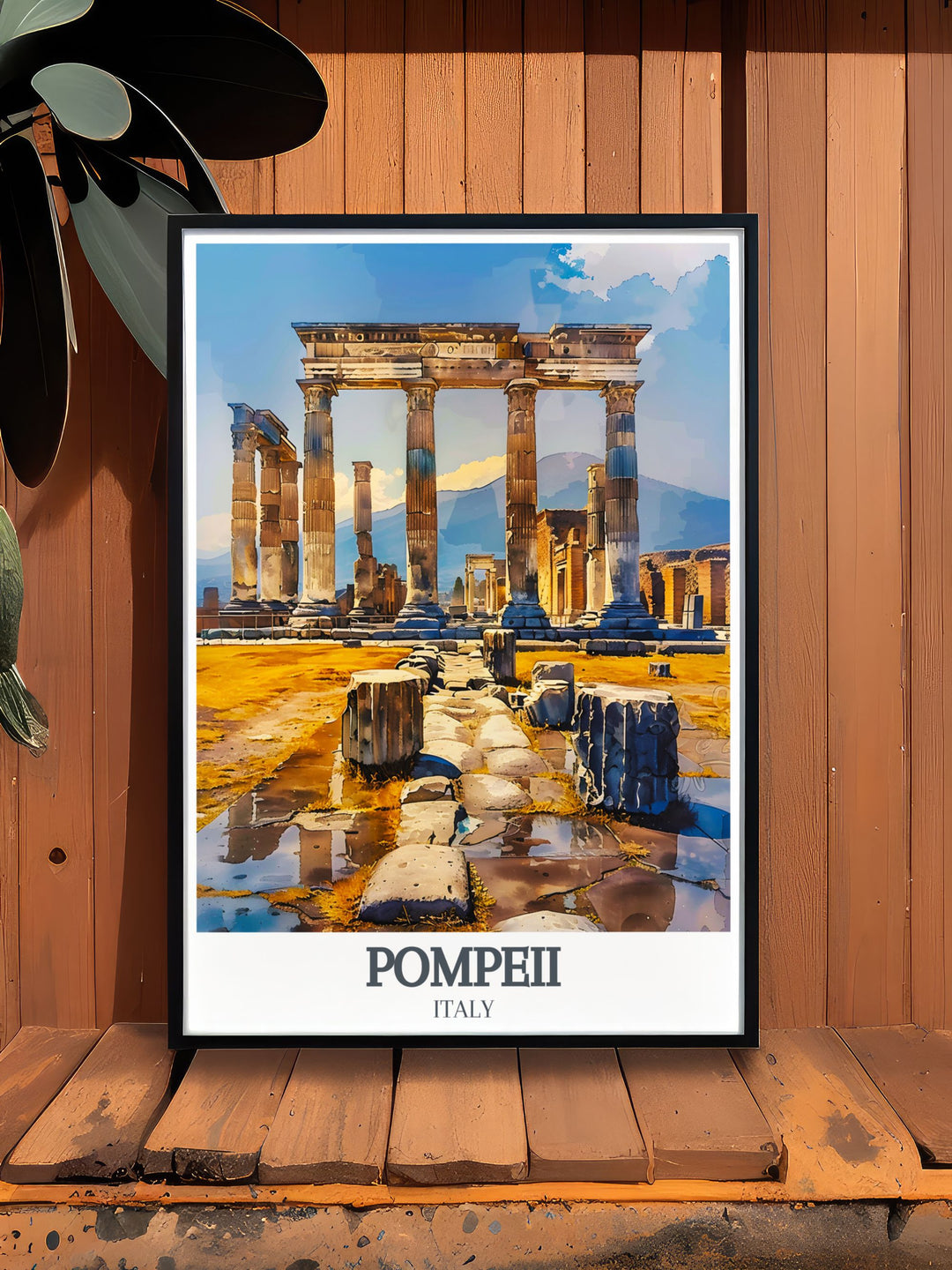 The Pompeii wall art displays the majestic Temple of Apollo and Doric Columns with Mount Vesuvius providing a perfect wall decor for modern interiors.