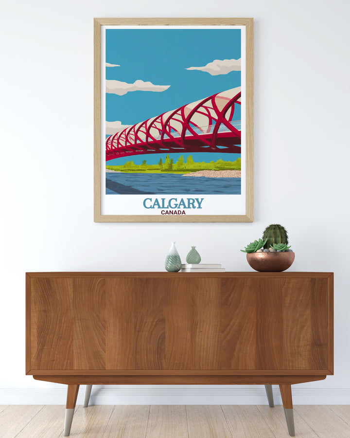 The Peace Bridge poster highlights the elegant design of Calgarys famous bridge. Ideal for those who appreciate urban beauty this Canada decor piece makes a great gift for any occasion.