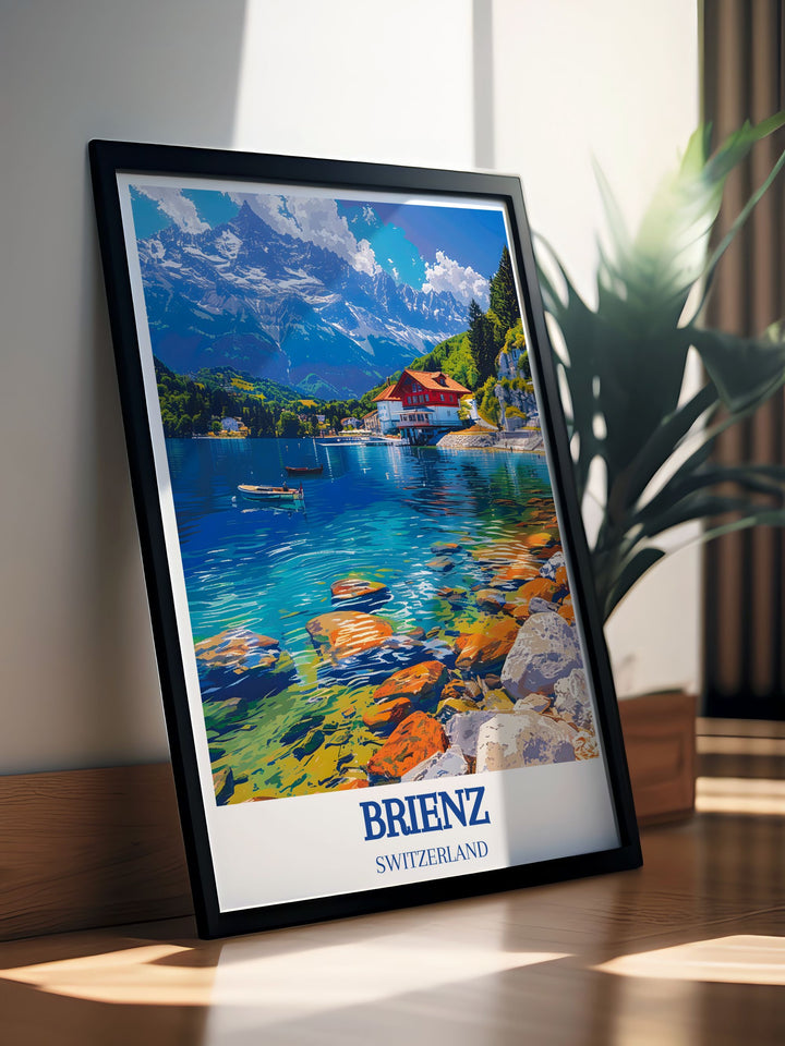 Lake Brienz, Brienzer Rothorn vintage print with Interlaken and Lauterbrunnen scenery. Perfect for home decor and travel enthusiasts. High quality print capturing the essence of Swiss Alps. Great for framing.