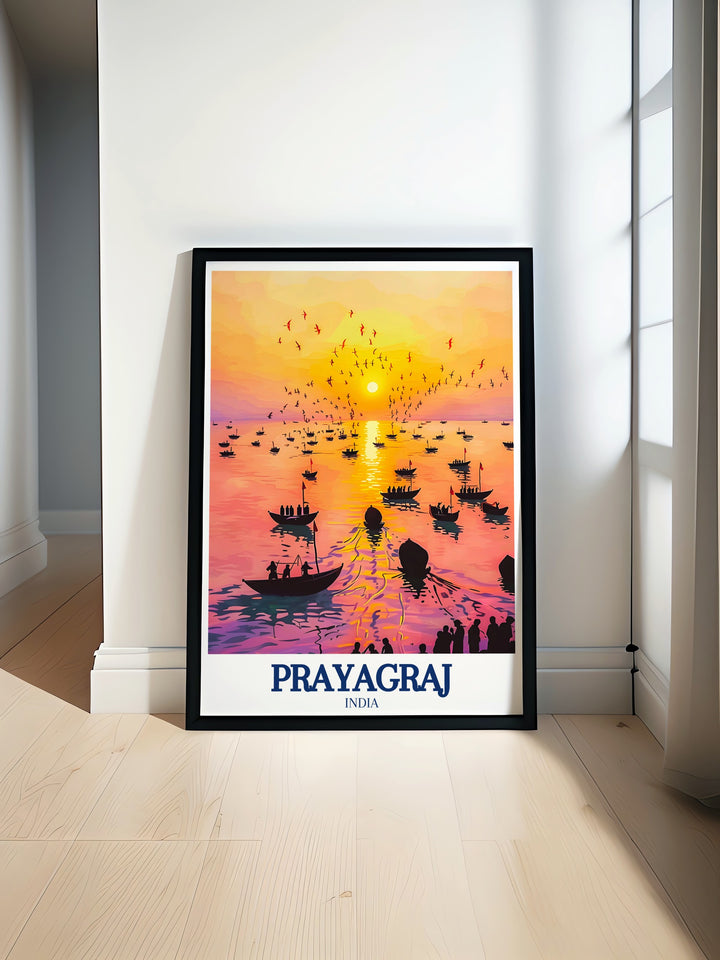 Wall art of Prayagraj focusing on the Ganges and its journey through the city, meeting the Yamuna at the Triveni Sangam. This framed art is perfect for those who wish to incorporate the serenity and spiritual depth of Indias rivers into their home decor.