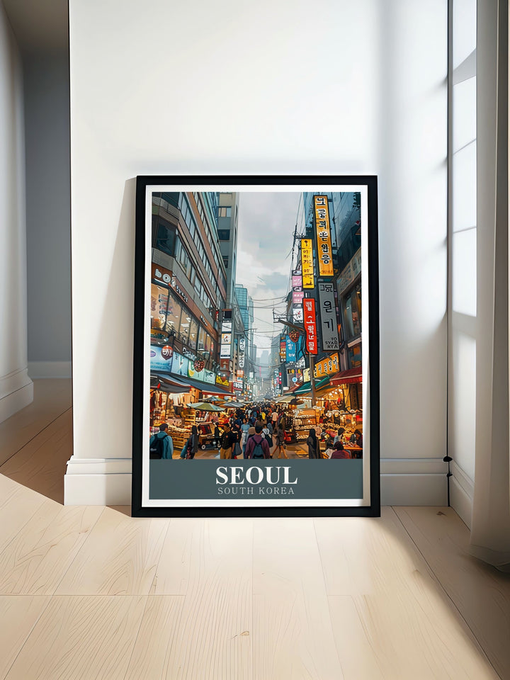 Vibrant Seoul Wall Art featuring Myeongdong Shopping Street brings the dynamic energy of South Korea into your home with elegant prints perfect for gifts and decor