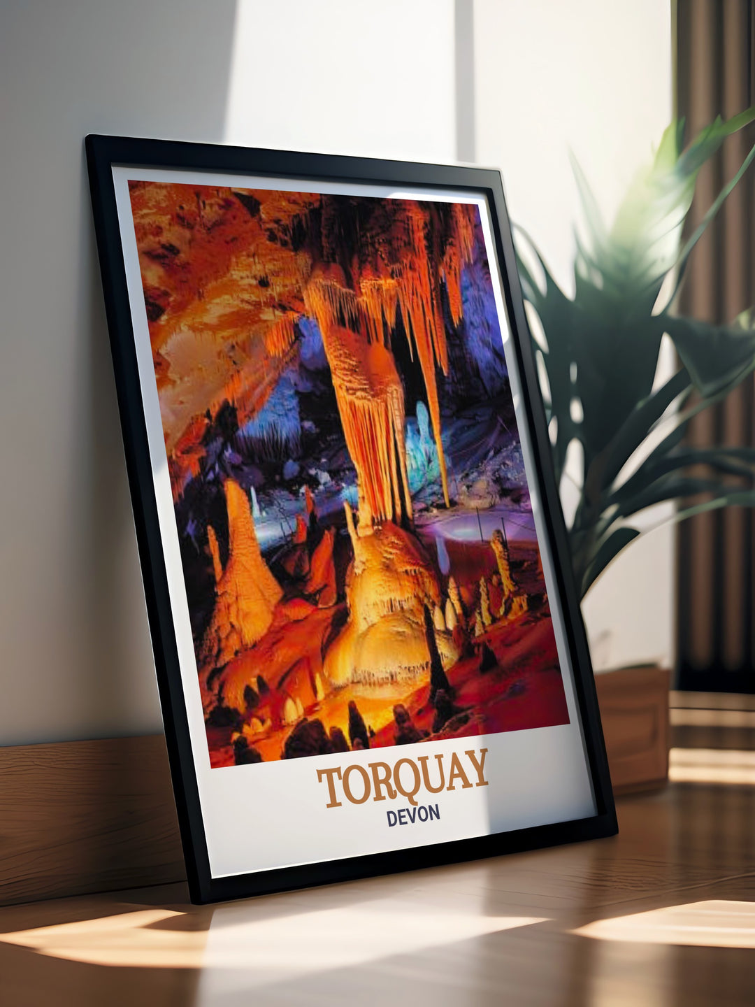 A detailed Devon Travel Print featuring the famous Kents Cavern and the scenic beauty of Torquays coastline. The intricate details highlight the geological wonder of the cavern, making it a must have for nature and history lovers.