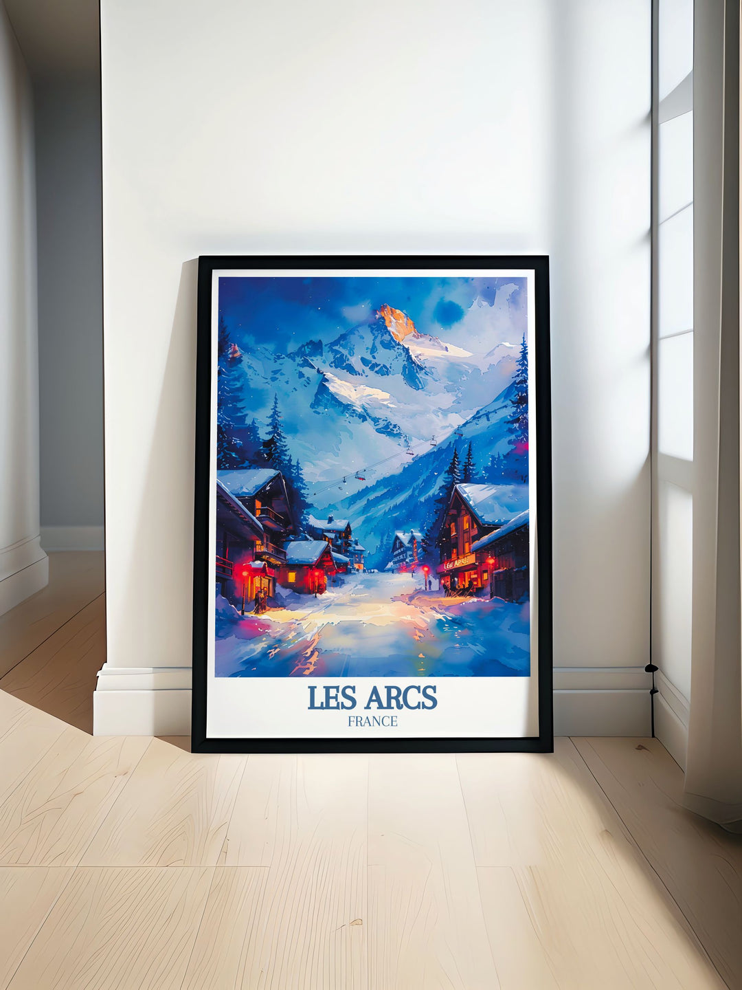 Les Arcs ski poster featuring Aiguille Rouge Mont Blanc perfect for skiing and snowboarding enthusiasts looking for stunning travel prints and elegant home decor