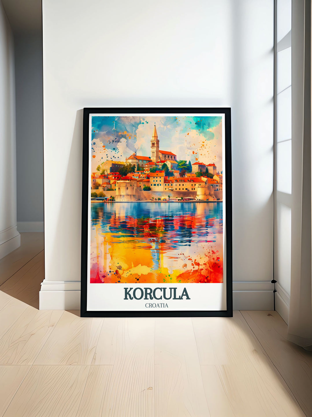 Korcula wall art featuring the iconic Large Governors Tower and Korcula Old Town Walls beautifully captures the historical charm of Croatia. This detailed travel print adds elegance and character to any room as a perfect decor piece or travel gift.