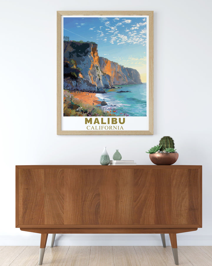 Capture the rugged beauty of Malibus Point Dume with this modern travel print. This California poster showcases the iconic cliffs and Pacific Ocean views in a minimalist design. Perfect for any room, this artwork brings coastal elegance to your decor.