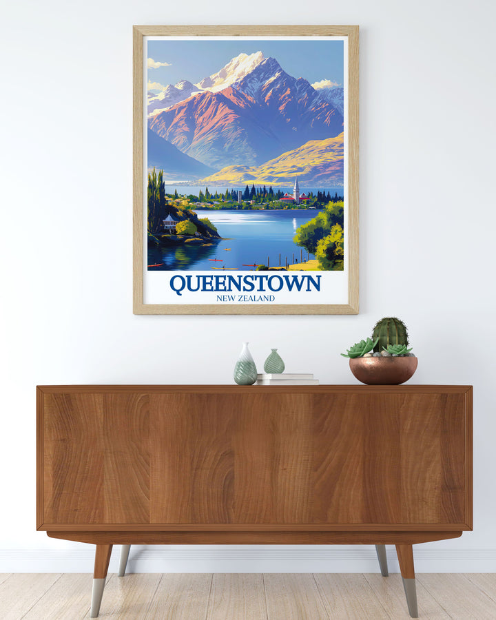 Fine line print of Queenstown showcasing The Remarkables Lake Wakatipu with a timeless black and white design ideal for matted art frames great for enhancing your living room or office decor perfect for gifts and wall art lovers