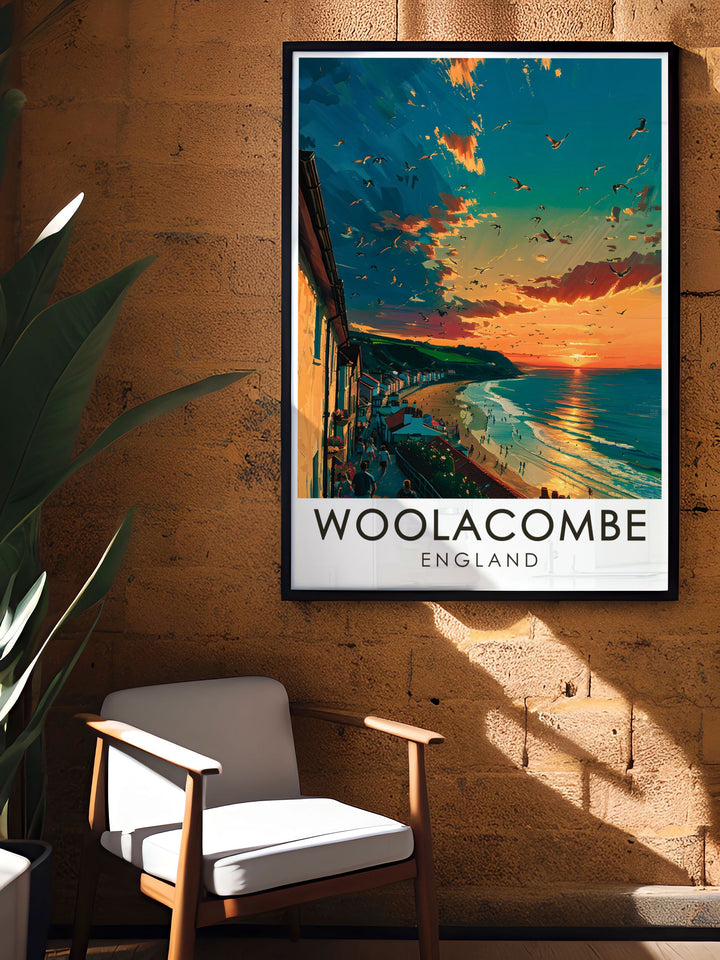 Woolacombe Esplanade perfect wall decor featuring stunning coastal scenery of Devon ideal for creating a serene and elegant ambiance in any room a thoughtful gift for travelers and art enthusiasts