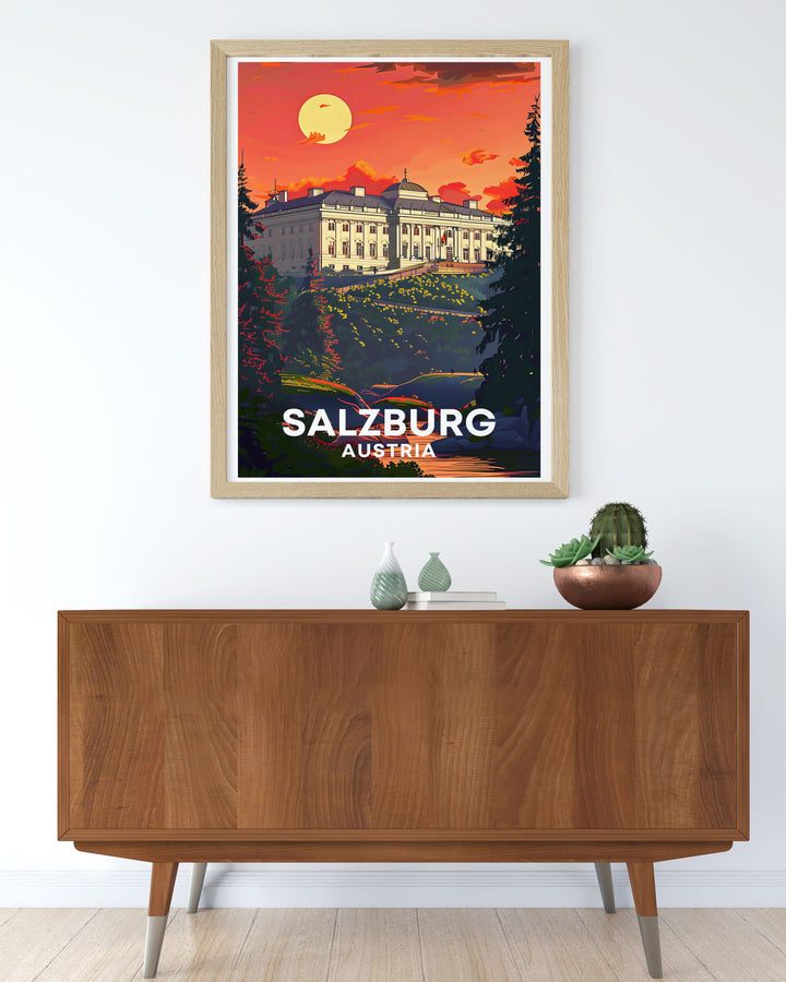 Zauchensee skiing and Mirabel Palace come together in this vintage travel print. Perfect for home decor, the print showcases the excitement of skiing and the elegance of Salzburgs historic palace. A must have for travel enthusiasts and art collectors.