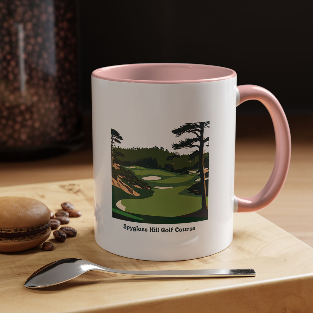 Celebrate the charm of Spyglass Hill Golf Course with this ceramic mug featuring vivid artwork. Designed for practicality and beauty, it is dishwasher and microwave safe, making it a functional souvenir.