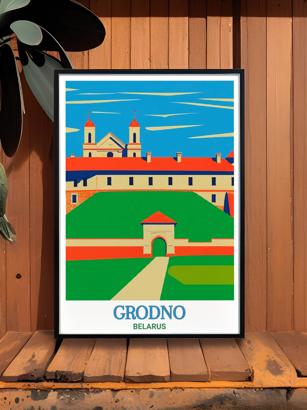 This Belarus poster features the magnificent New Grodno Castle, highlighting the rich cultural heritage of the city. Ideal for history lovers and travelers, this print brings a piece of Belaruss royal past into your living space, creating an inspiring and elegant ambiance.