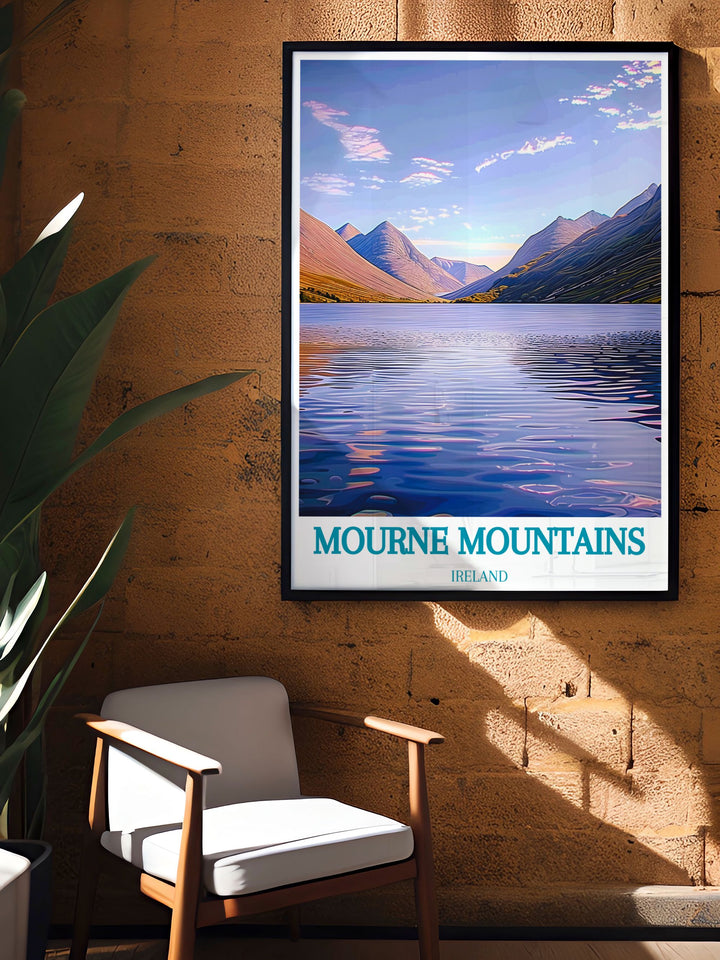Bring the natural grandeur of the Mourne Mountains into your home with this travel poster, capturing their stunning vistas and serene landscapes, ideal for any nature enthusiast.