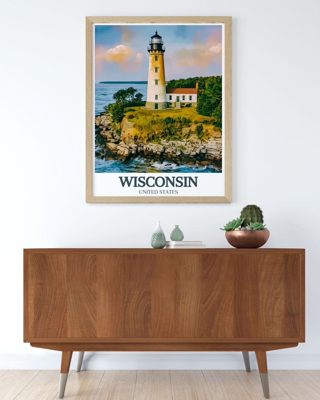 Milwaukee Poster featuring vintage style and Door County Coastline with Cana Island Lighthouse ideal for unique personalized gifts