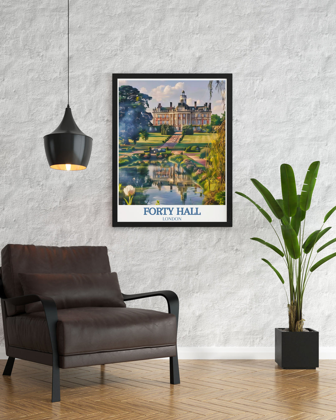 The beautifully preserved gardens and parklands of Forty Hall are depicted in this print, highlighting the serene and lush surroundings that make it a perfect retreat in London.