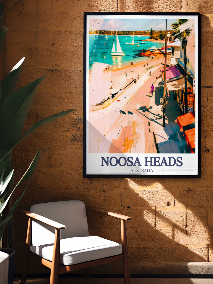 Noosa Heads Canvas Art capturing the essence of Queenslands coastal life, with a stunning view of Laguna Bay and the iconic Hastings Street. The fine lines and vivid colors make this a standout piece, ideal for those who love beach vacations and vibrant Australian destinations.