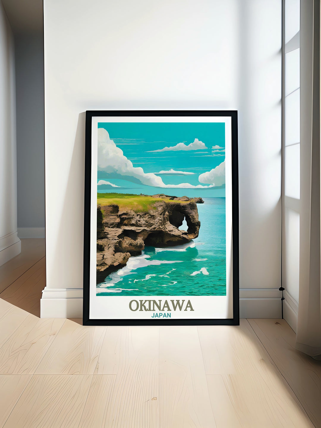 Cape Manzamo travel poster featuring the stunning cliffs and ocean views of Okinawa perfect for enhancing any living space with beautiful Okinawa decor and bringing a touch of Japanese scenery into your home