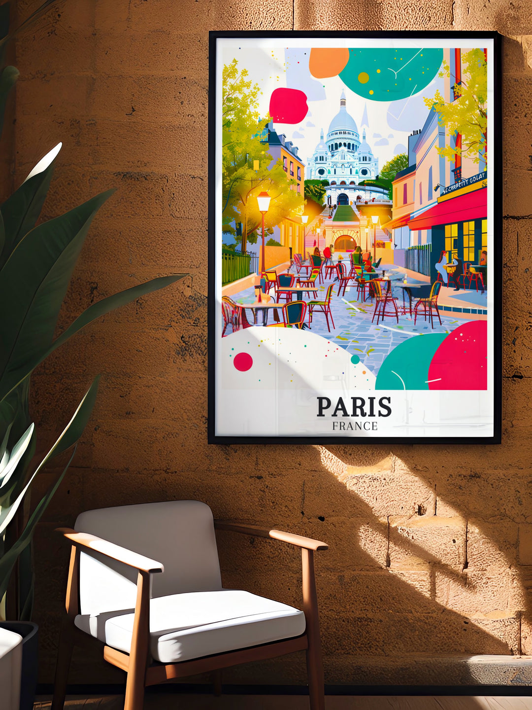 Eye catching Paris Wall Art featuring Sacre Coeur Basilica and Montmartre. This colorful art print is ideal for anyone who loves Paris and wants to bring its charm into their home.