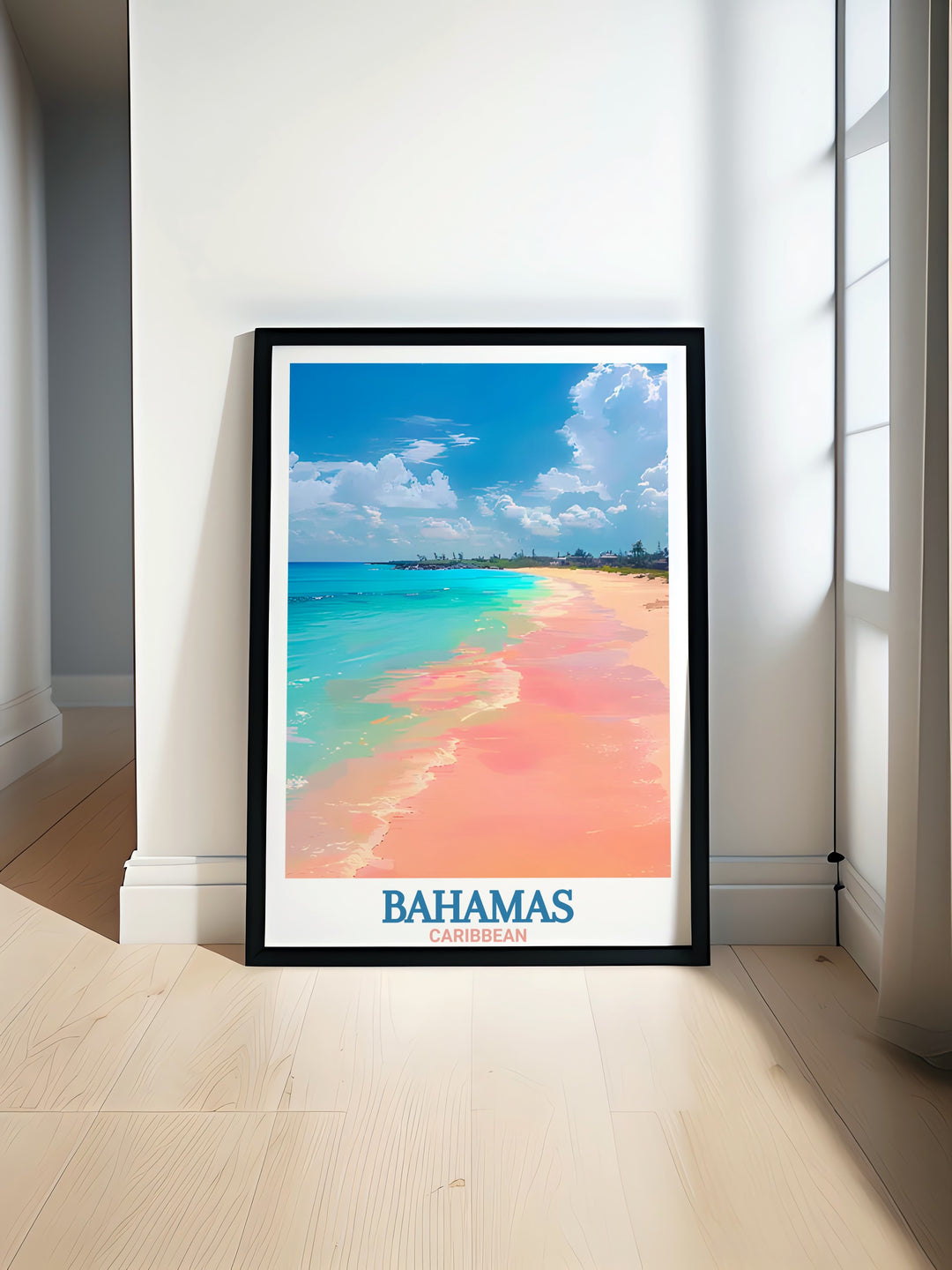 Pink Sands Beach Poster Print captures the essence of the Bahamas with its pastel pink sand and serene waters. This Caribbean travel print is perfect for those who dream of island life, offering a peaceful and beautiful addition to any home décor.