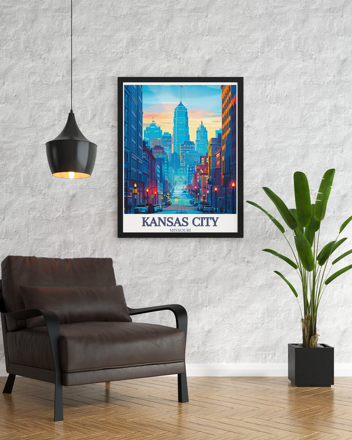 Kansas City vintage poster celebrating the timeless beauty of the citys skyline and Main Street. With a touch of nostalgia and modern design, this travel print offers a stylish addition to any room, perfect for lovers of both cityscapes and history.