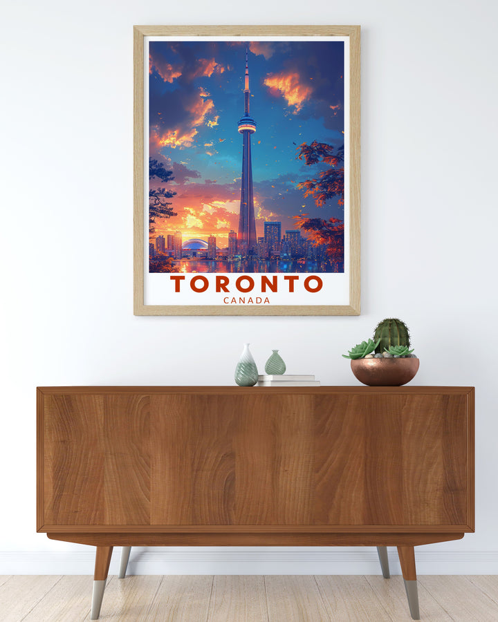 Beautiful CN Tower framed print showcasing Torontos iconic landmark adding a touch of sophistication to any room.