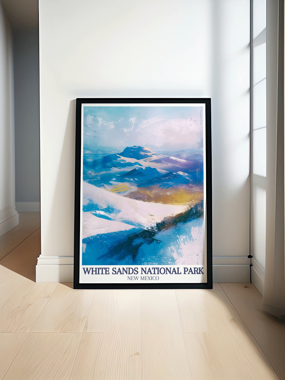 White Sands National Park art print featuring the stunning Sacramento Mountains and the beautiful Chihuahuan Desert perfect for adding elegant home decor and capturing the serene beauty of nature ideal for living room wall decor and travel enthusiasts.