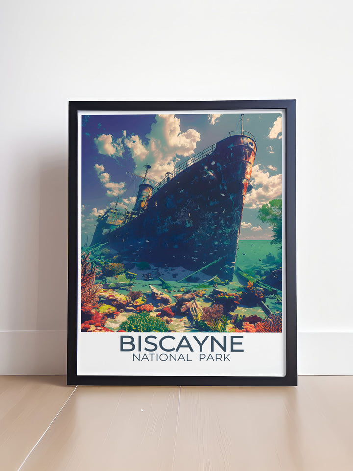 Beautiful Biscayne National Park travel poster capturing the scenic Maritime Heritage Trail and the underwater beauty of the coral reefs, perfect for enhancing your home or office with the parks iconic landmarks.
