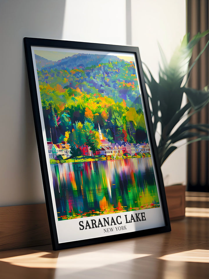 Saranac Lake print featuring the tranquil scenes of Lake Flower and Saranac River Ideal for any nature lover or fan of New York State art this piece brings the beauty of the Adirondacks into your home with its vibrant colors and detailed landscape