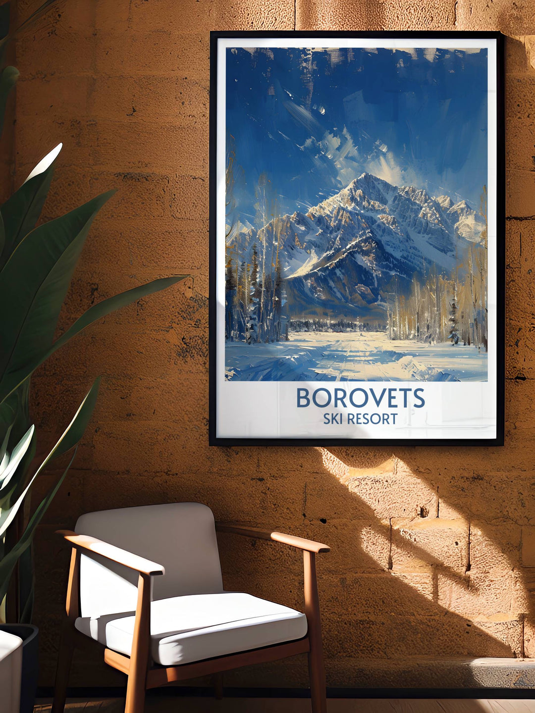 Retro skiing poster featuring skiers on the slopes of Borovets with Mount Musala towering in the distance, great for a ski resort poster