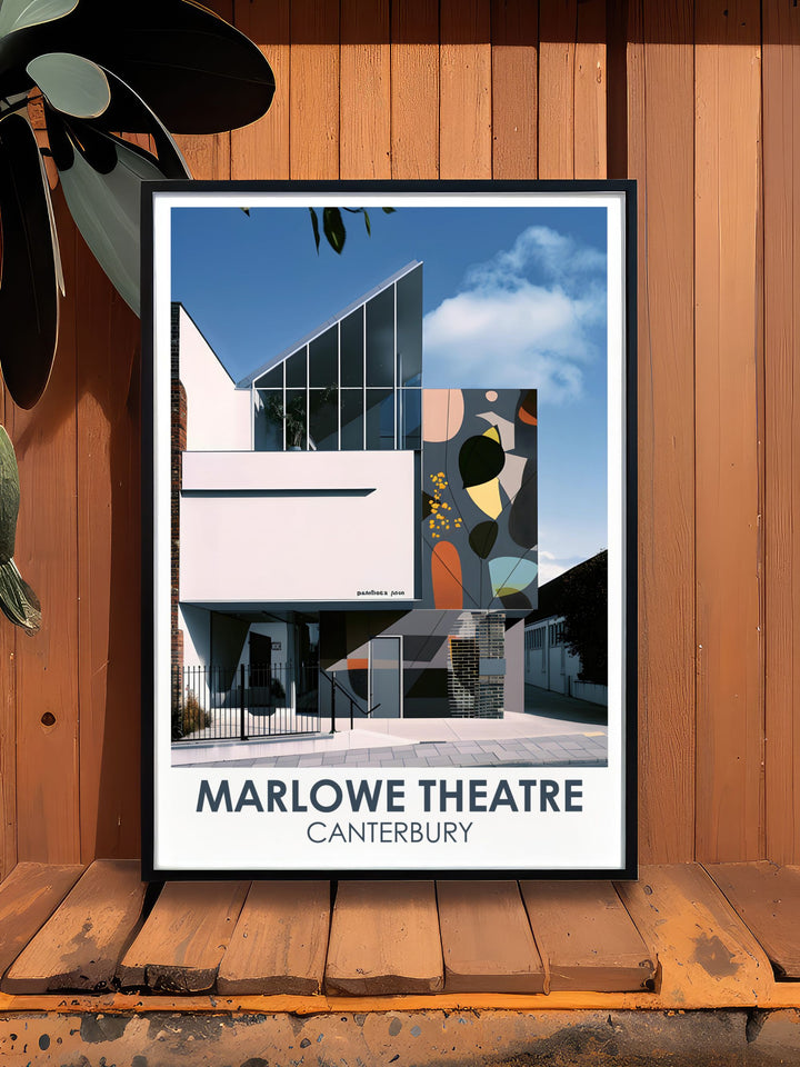 Bring the charm of Canterbury into your home with this travel poster of the Marlowe Theatre, featuring its sleek lines and reflective surfaces, making it a captivating addition to any decor, perfect for theater enthusiasts and art collectors.