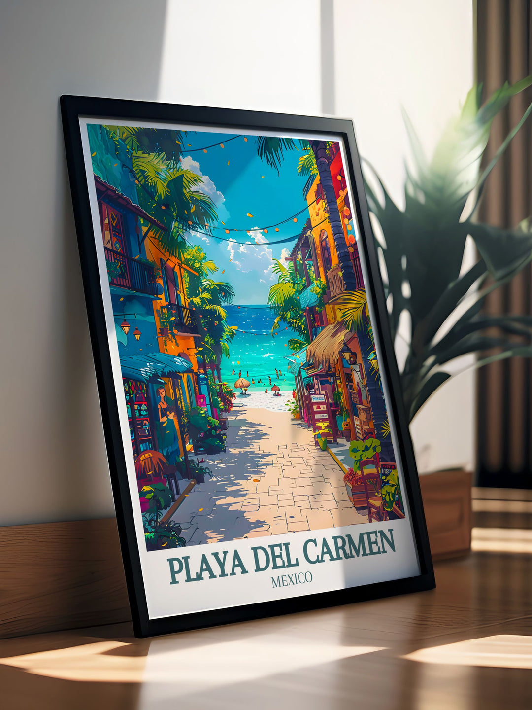 Beautiful Playa Del Carmen art depicting La Quinta Avenida and the Caribbean Sea adding a touch of Mexicos charm to your decor ideal for those who love vibrant coastal scenery and unique artwork.