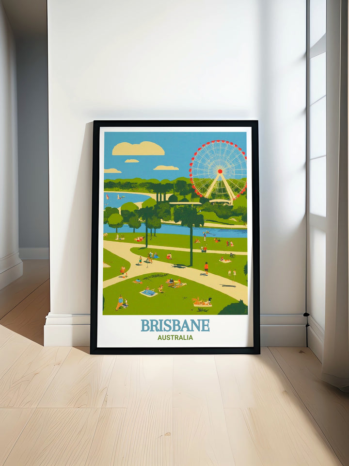 Brisbane Art Print showcasing South Bank Parklands brings the vibrant energy of Brisbane into your home decor. This stunning wall art captures the lush greenery and modern design of one of the citys most iconic areas perfect for living rooms bedrooms or offices