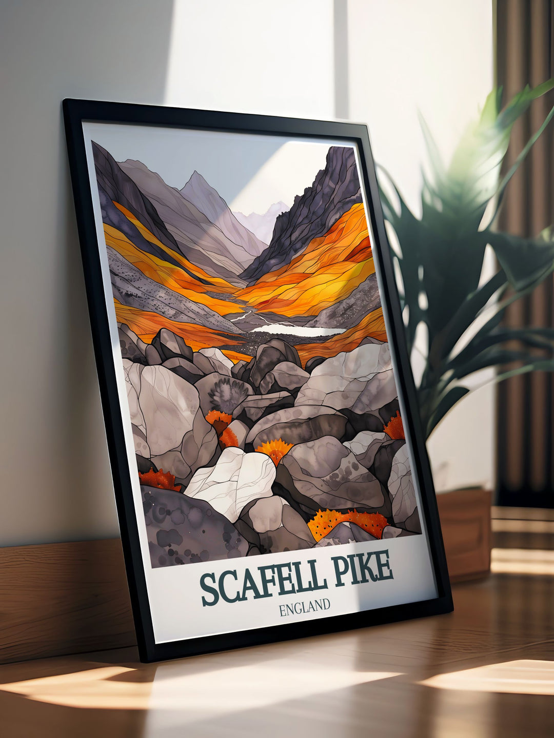 Scafell Pike print capturing the magnificent views of the Lake District National Park in England offering an elegant addition to home decor for those who appreciate mountain landscapes and want to showcase their love of hiking with a stunning travel print.