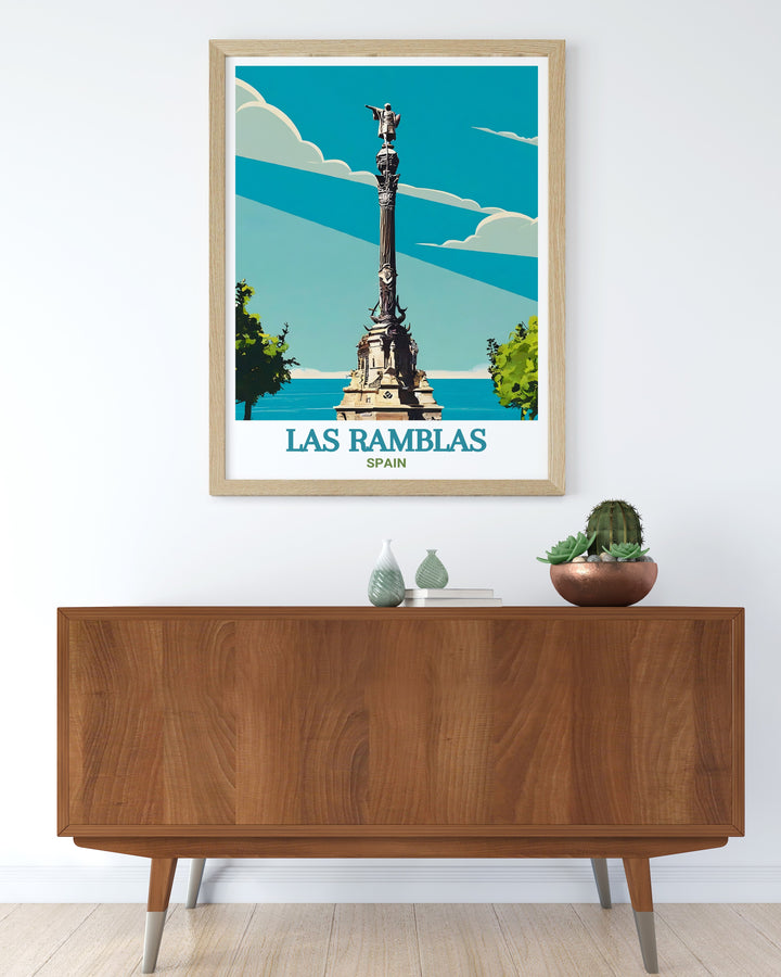 Capture the essence of Spain with this art print of Las Ramblas, Barcelona. The detailed depiction of the bustling street brings a touch of Spanish culture into your home, perfect for travel lovers and art enthusiasts.