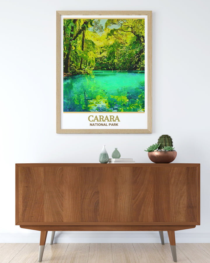 Carara National Park Framed Art showcases the parks diverse ecosystems, with the Laguna Meándrica and its surrounding rainforest prominently featured. Perfect for any home décor focused on natural beauty.