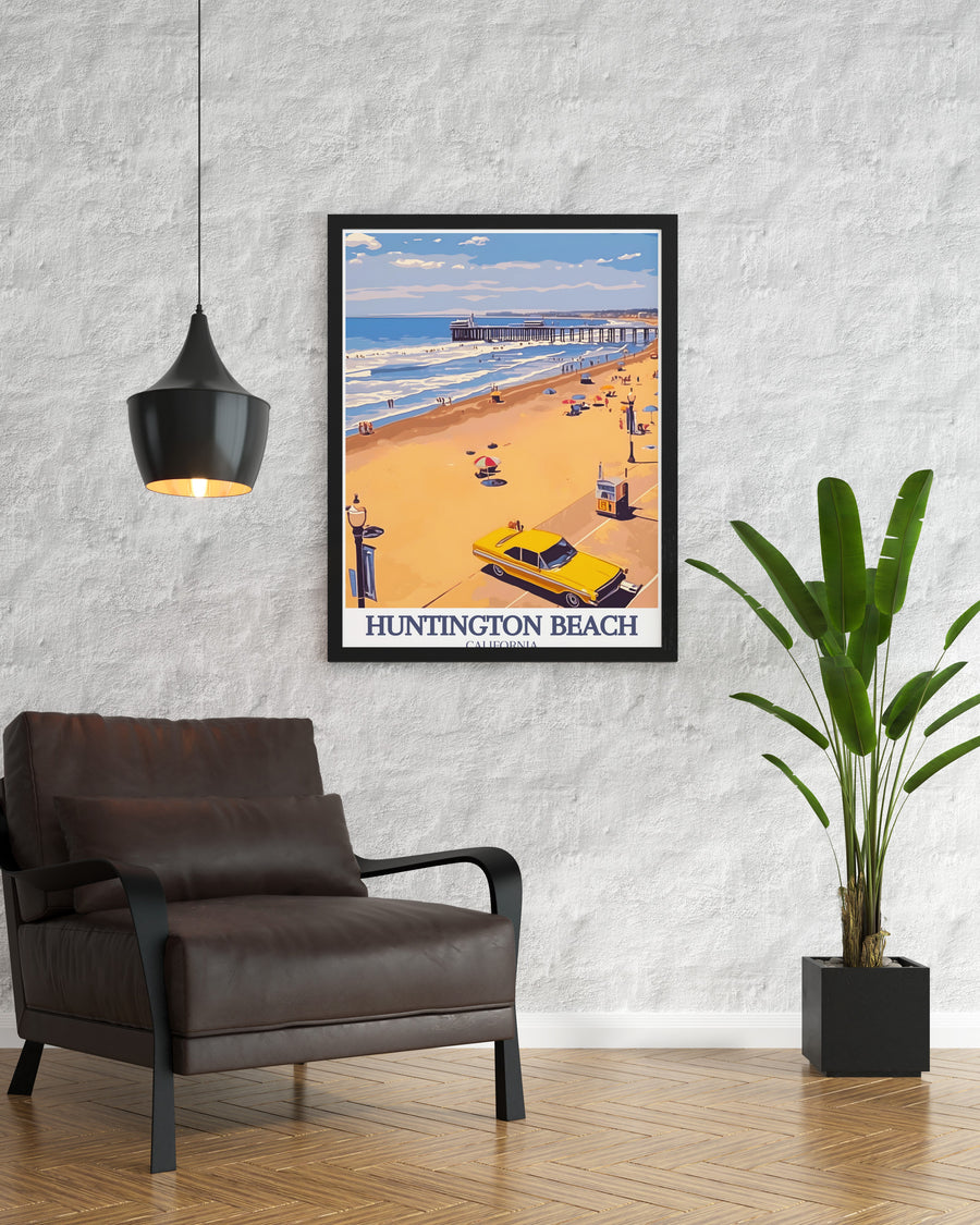 A scenic travel poster featuring Huntington State Beach Parks expansive shoreline and the Pacific Ocean. This California poster is a wonderful gift for beach lovers and those with an affinity for coastal art.