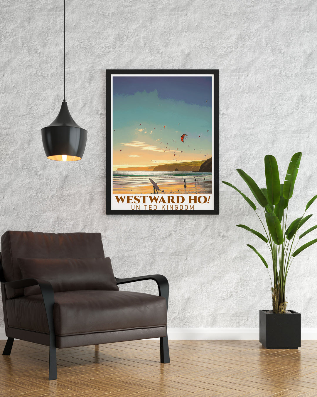 Golden Sands Beach artwork offers stunning living room decor with modern framed prints showcasing the beauty of Devons coastline perfect for those who appreciate coastal living and elegant home decor unique travel poster gift for any occasion