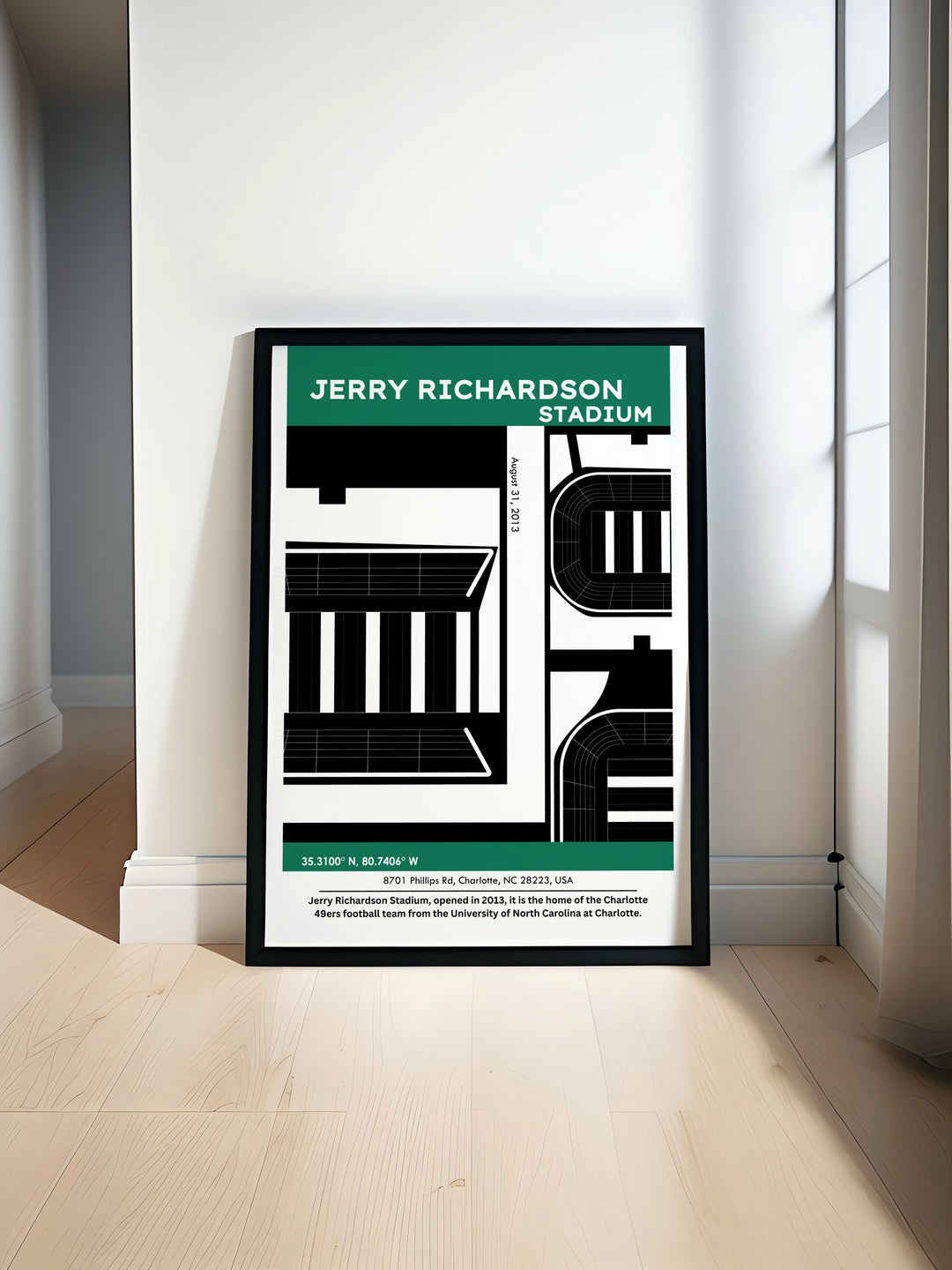 Retro College Poster featuring Jerry Richardson highlighting the vibrant energy of UNC Charlotte football a perfect addition for any 49ers fan looking to celebrate their team