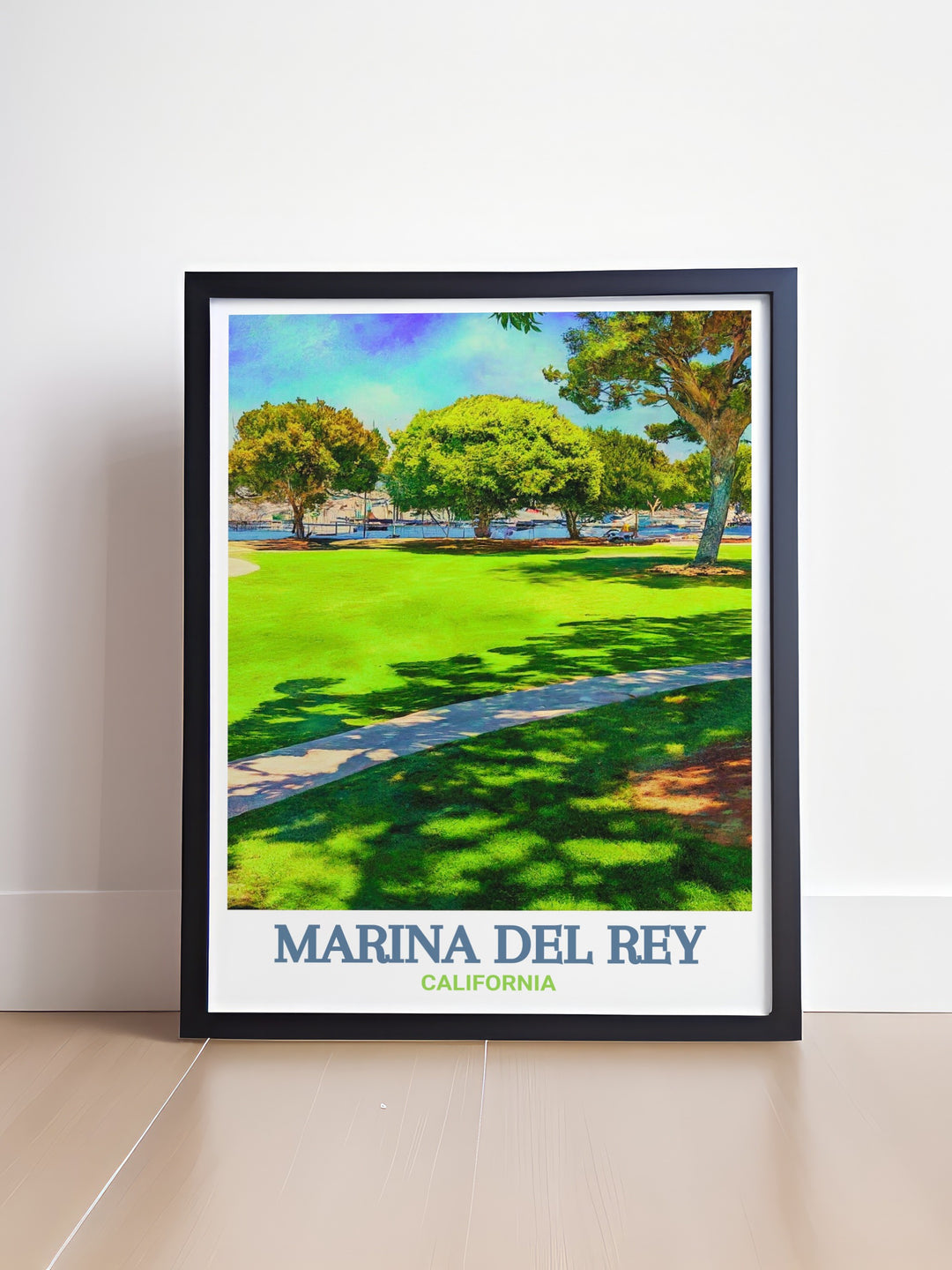 Vibrant Marina del Rey art print displaying intricate city map details and fine line design. Burton W. Chace Park is included in this elegant wall art perfect for gifts or home decor to brighten up any living room bedroom or office space with modern flair.