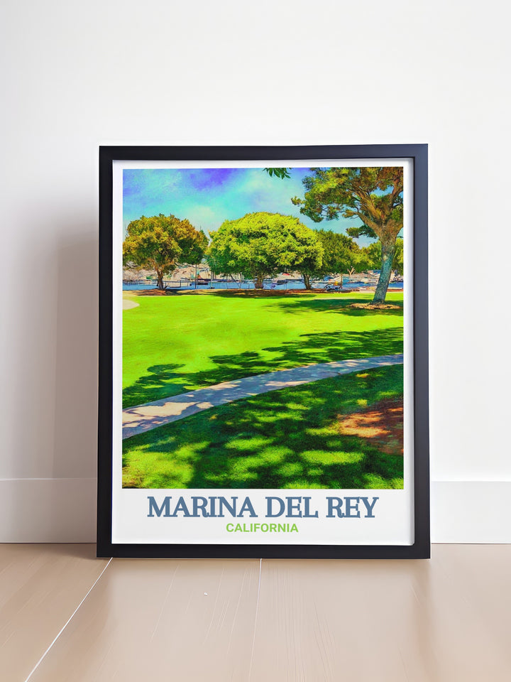 Vibrant Marina del Rey art print displaying intricate city map details and fine line design. Burton W. Chace Park is included in this elegant wall art perfect for gifts or home decor to brighten up any living room bedroom or office space with modern flair.