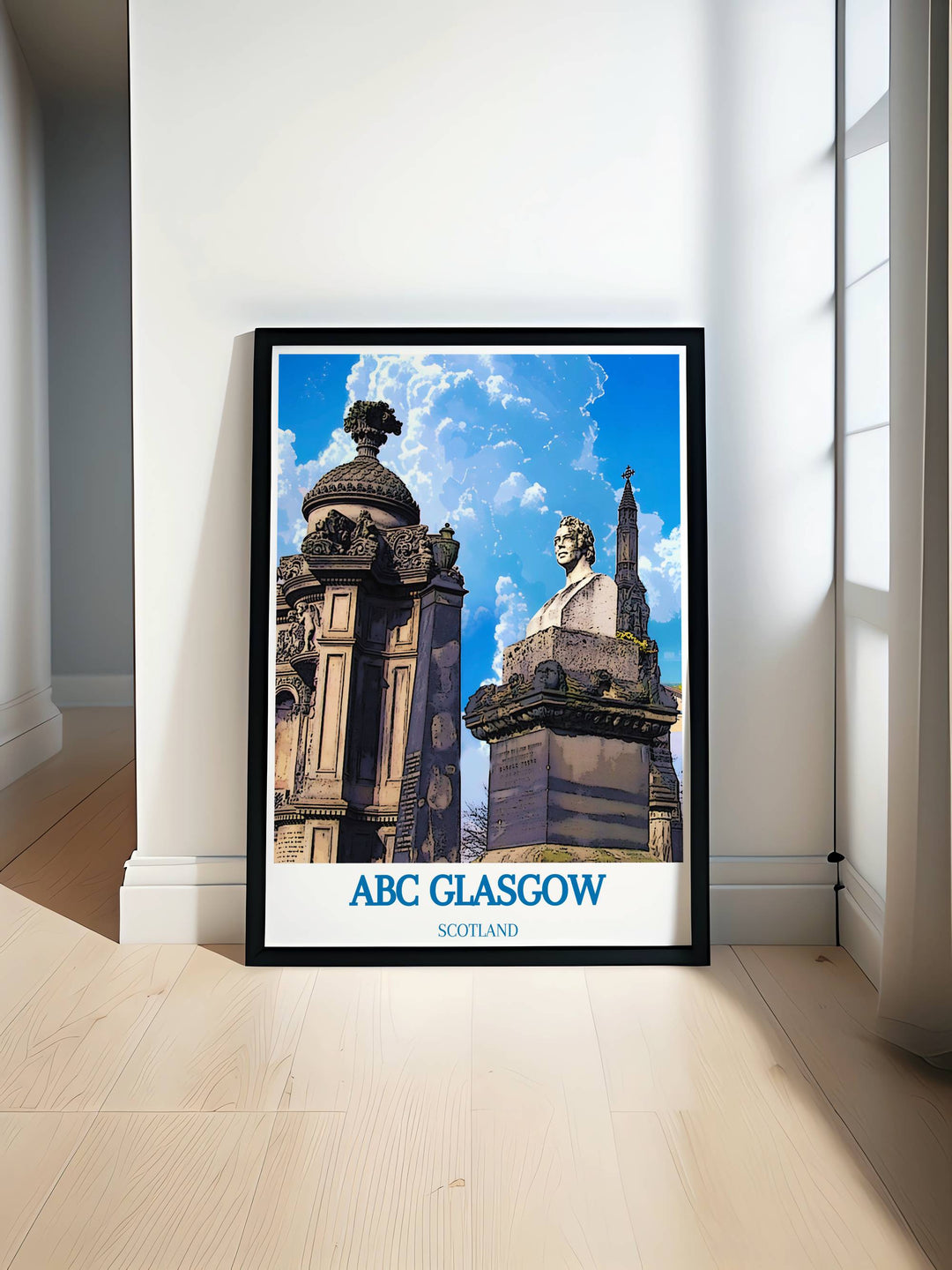 Vibrant print of glasgow and necropolis showcasing its historic architecture alongside Glasgows iconic music venues like ABC Glasgow and O2 Academy.