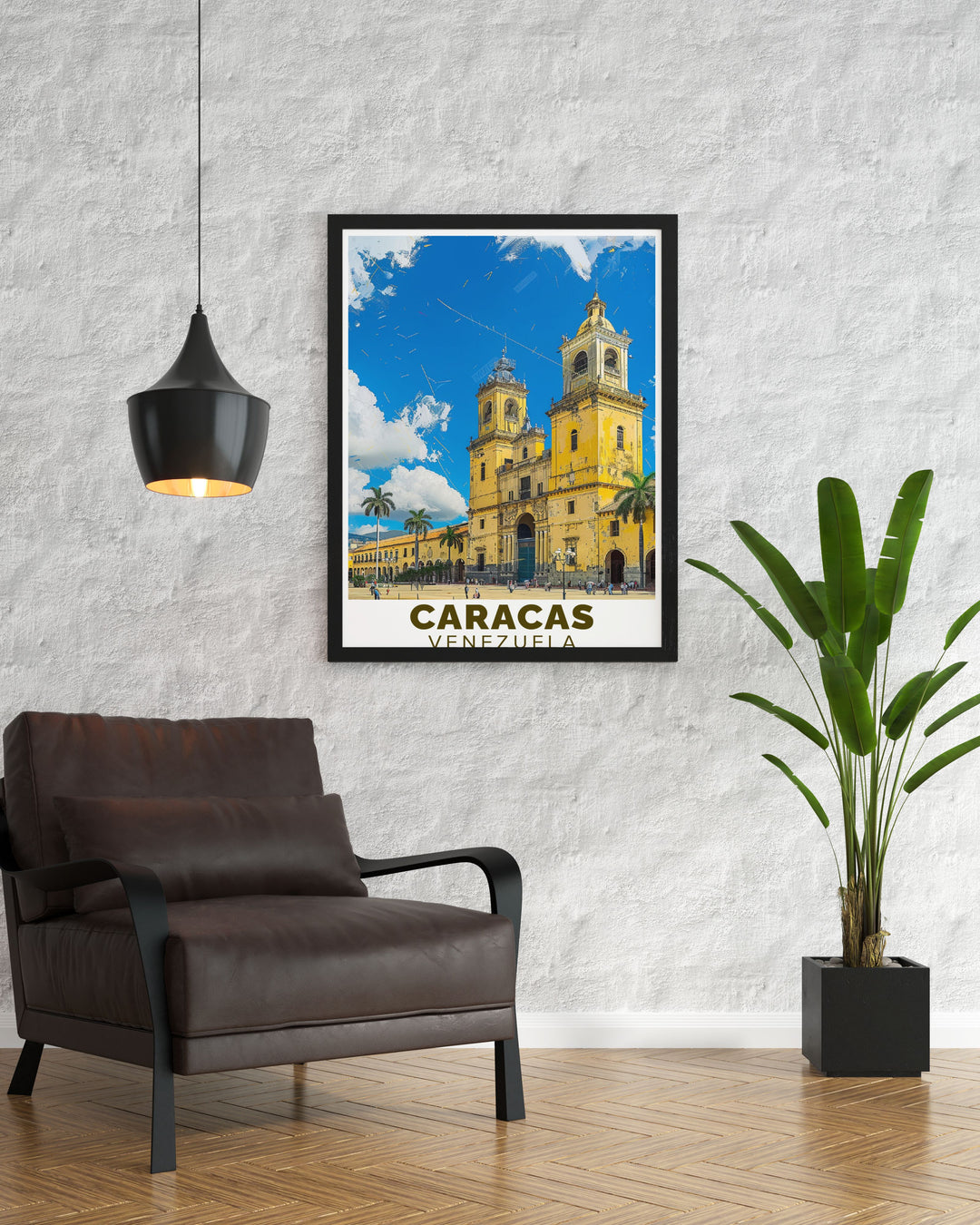 The picturesque scenery of Caracas with Plaza Bolivar as a focal point is featured in this vibrant travel poster, perfect for adding Venezuelas unique charm to your home.