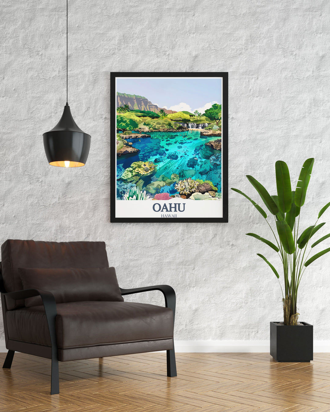 Experience the tranquility of Oahu with this poster featuring Hanauma Bay and Manoa Falls. Whether for yourself or as a travel gift, this Hawaii art print brings a piece of the islands serenity into your home.