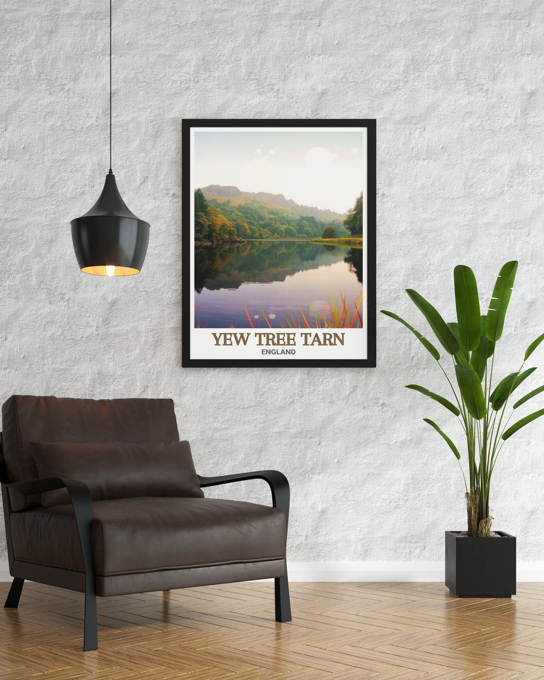 Vintage travel poster of Yew Tree Tarn in the Lake District, featuring calm waters and stunning reflections. This print is ideal for adding a touch of natural beauty and tranquility to any space.