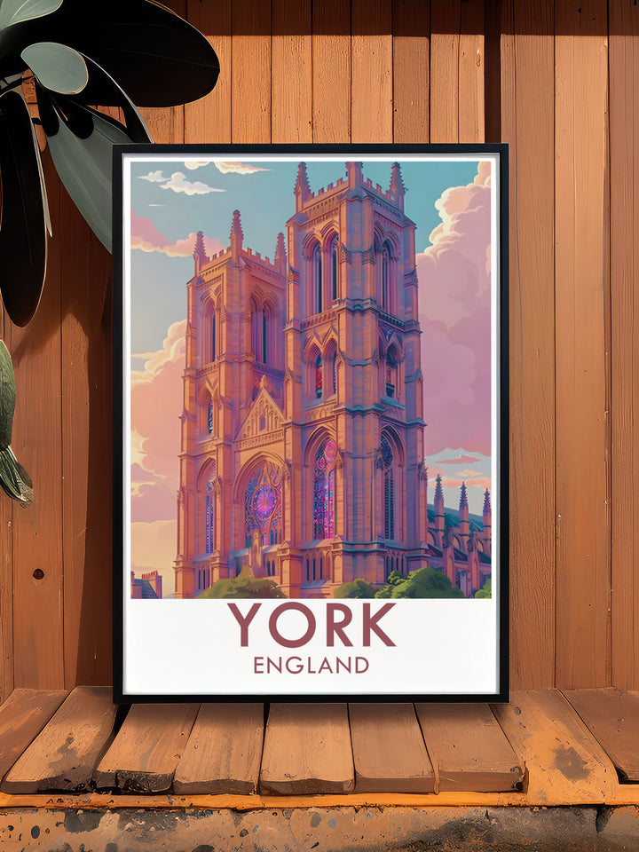 This framed art piece illustrates the grandeur of The York Minster, highlighting its striking architecture and vibrant surroundings. A unique addition to any art collection, this print reflects the spirit of exploration.