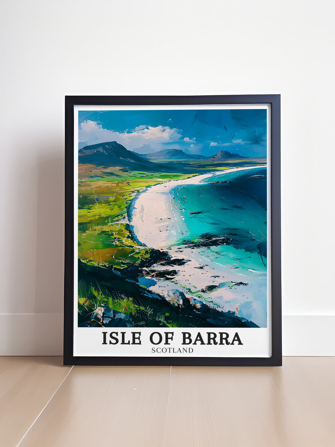 This Isle of Barra poster print captures the scenic beauty of Scotlands Outer Hebrides, featuring tranquil beaches and rugged coastlines. Perfect for lovers of coastal art, this travel print brings the serene landscapes of Barra into your home, making it an ideal gift for nature and Scotland enthusiasts.