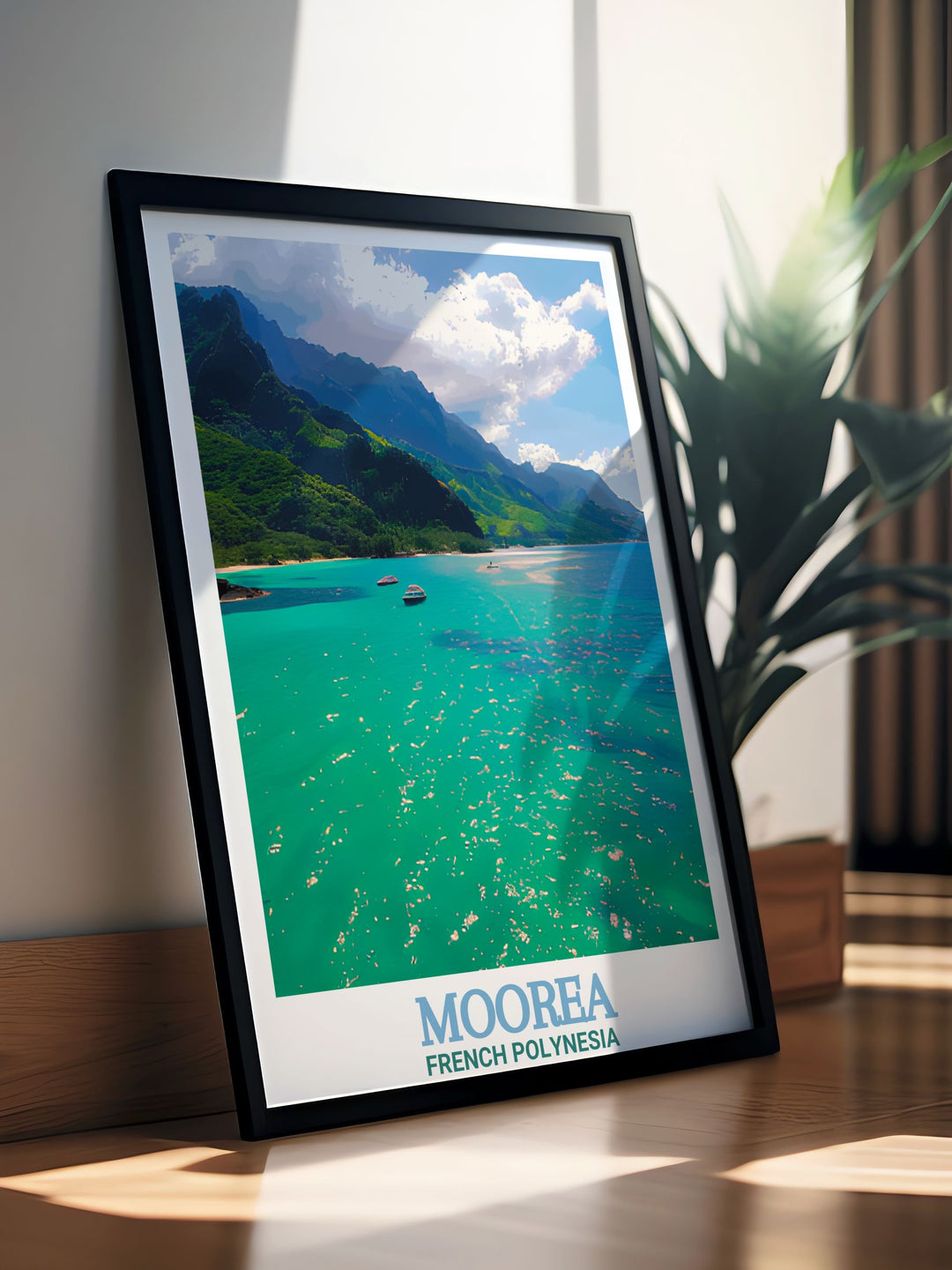 Experience the exotic beauty of French Polynesia with this Cooks Bay Travel Print. Featuring Mooreas lush mountains and crystal clear lagoon, this print is perfect for those looking to bring a tropical escape into their home. Available as wall art or a digital download for personalized décor.