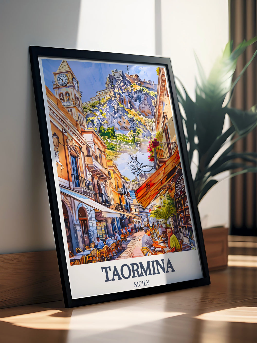 Taormina poster showcasing Corso Umberto and Piazza IX Aprile. This Italy print highlights the scenic beauty and cultural richness of Taormina with detailed artwork of its famous streets and square.