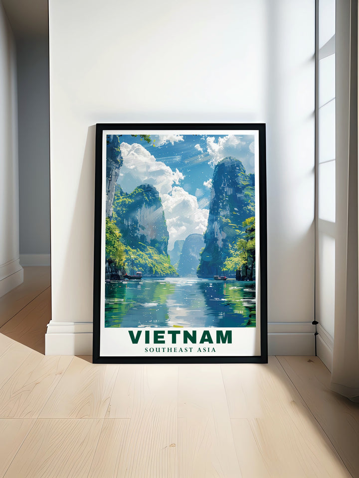 A detailed Vietnam Travel Poster that captures both the dynamic energy of Hanoi and the serene landscape of Ha Long Bay. This art print is perfect for anyone who appreciates the beauty of Vietnam, offering an eye catching piece of decor for any room.