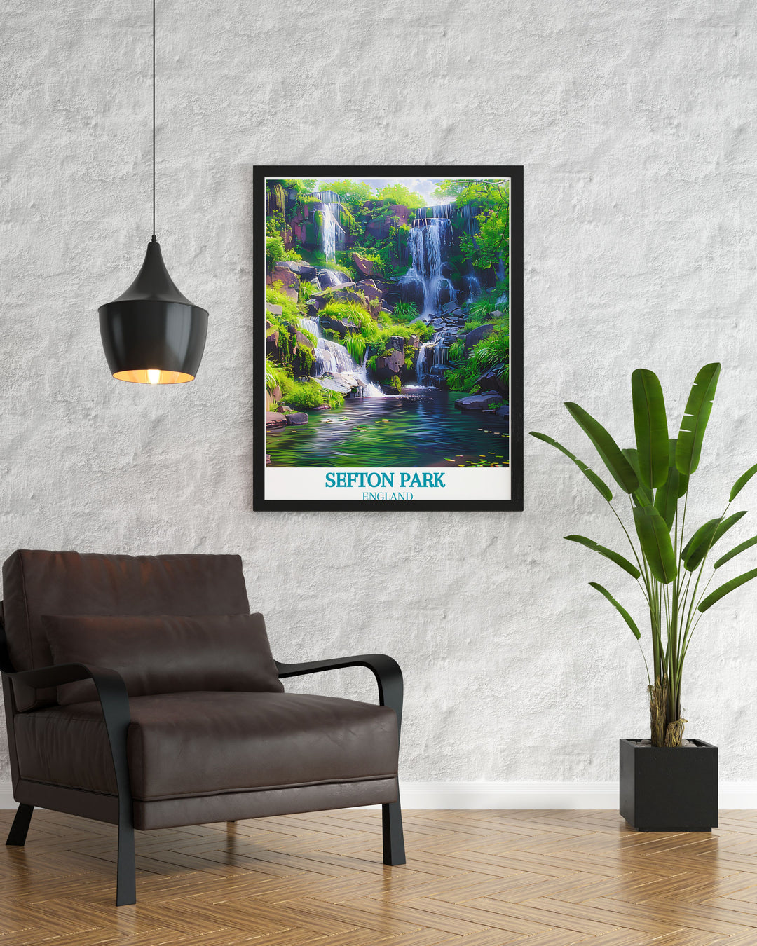 Vintage travel print showcasing Liverpools Sefton Park and the magical Fairy Glen. This wall art captures the serene beauty of these iconic locations making it an excellent gift for lovers of nature and travel. Enhance your space with this beautiful artwork.