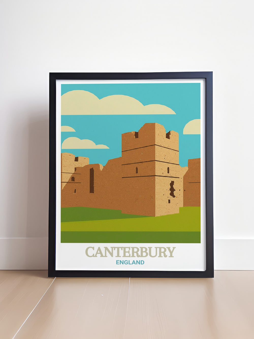 A detailed art print of Canterbury, capturing the historic charm of Canterbury Castle and the beautiful architecture of this ancient city. Perfect for home decor, this print brings a touch of British heritage into any room, celebrating the history and beauty of Kent.