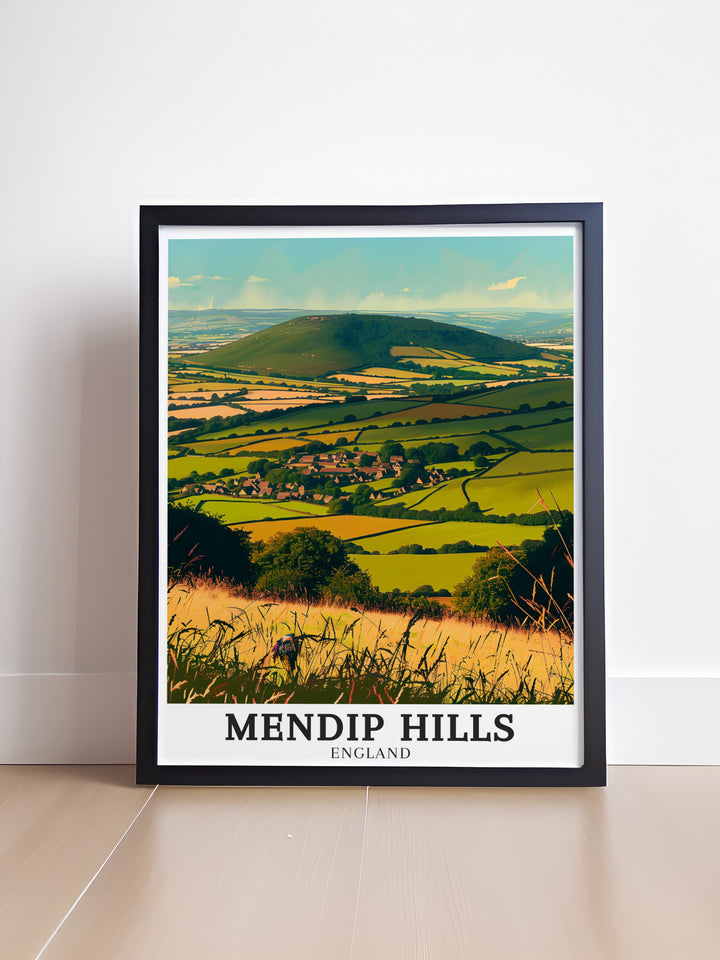 The breathtaking views of the Mendip Hills, Somerset Levels, and Blackdown Hills come to life in this travel poster. A must have for nature lovers, the artwork offers a visual escape to the serenity of the English countryside.